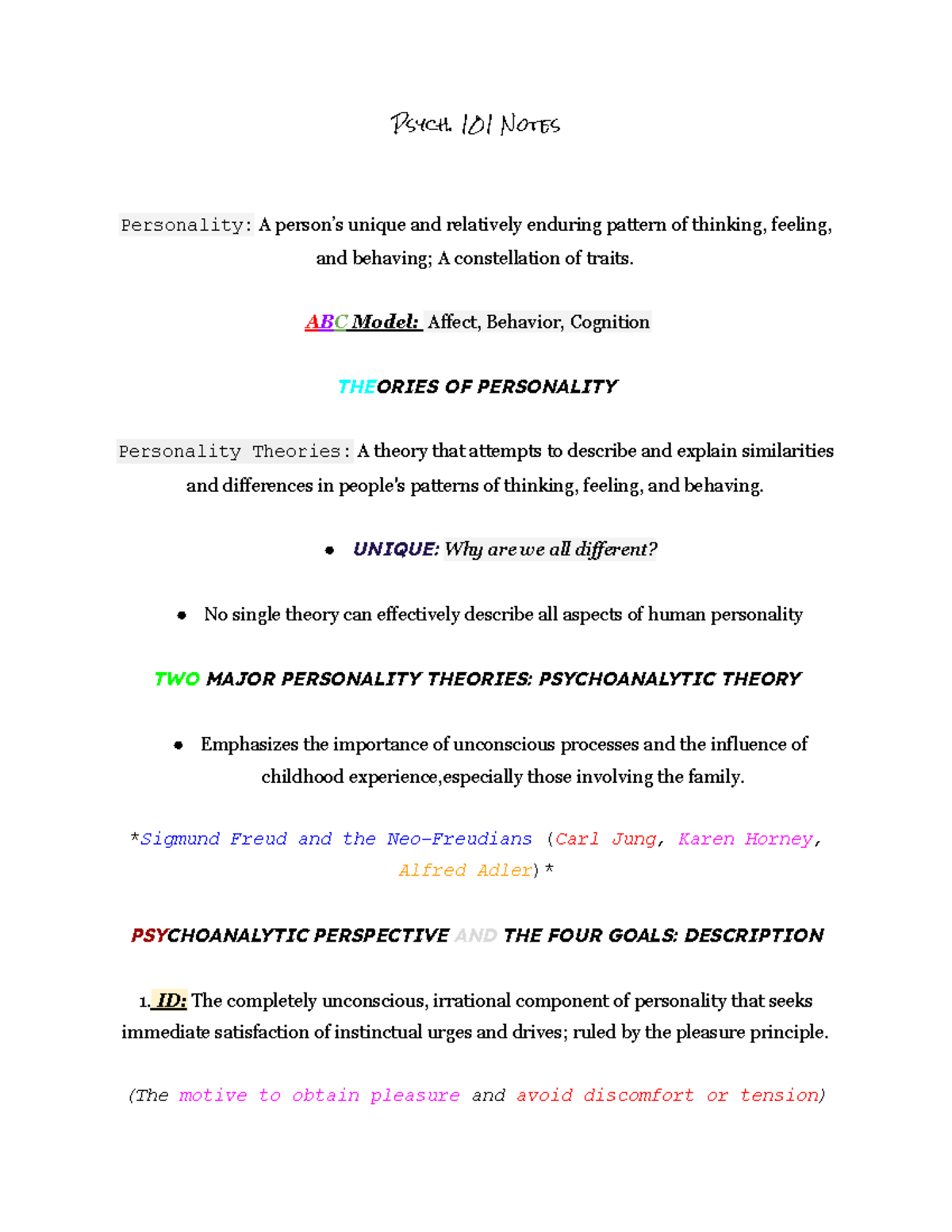 Psych 101: Notes on Personality Theories & Psychoanalysis - Studocu