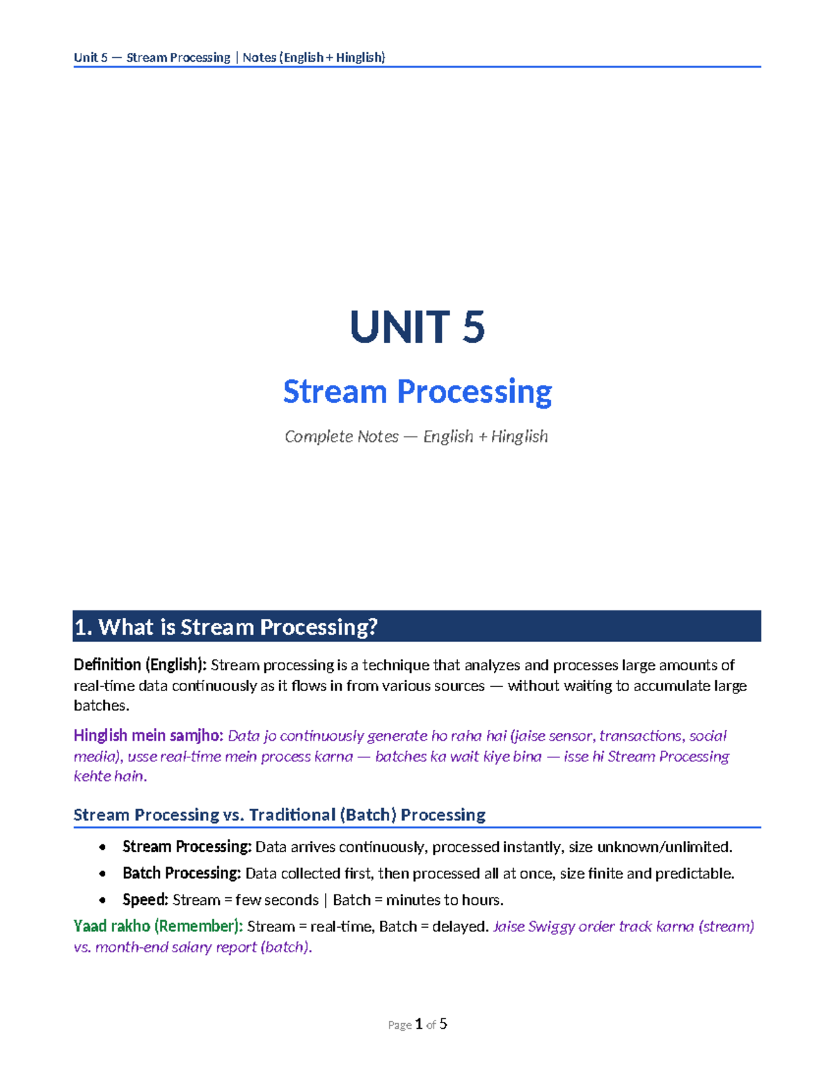 Unit 5 Stream Processing Notes: Concepts and Frameworks (English ...