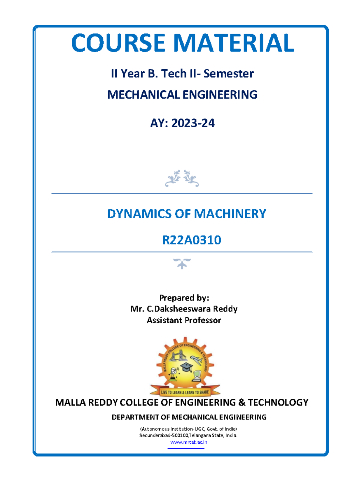 Dynamics of Machinery - Lecture Notes (R22A0310) - Studocu