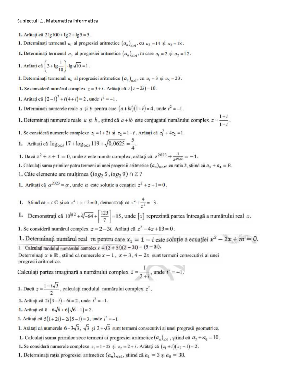 Subiectul I.1 - Matematica Informatică 1: Probleme și Soluții - Studocu