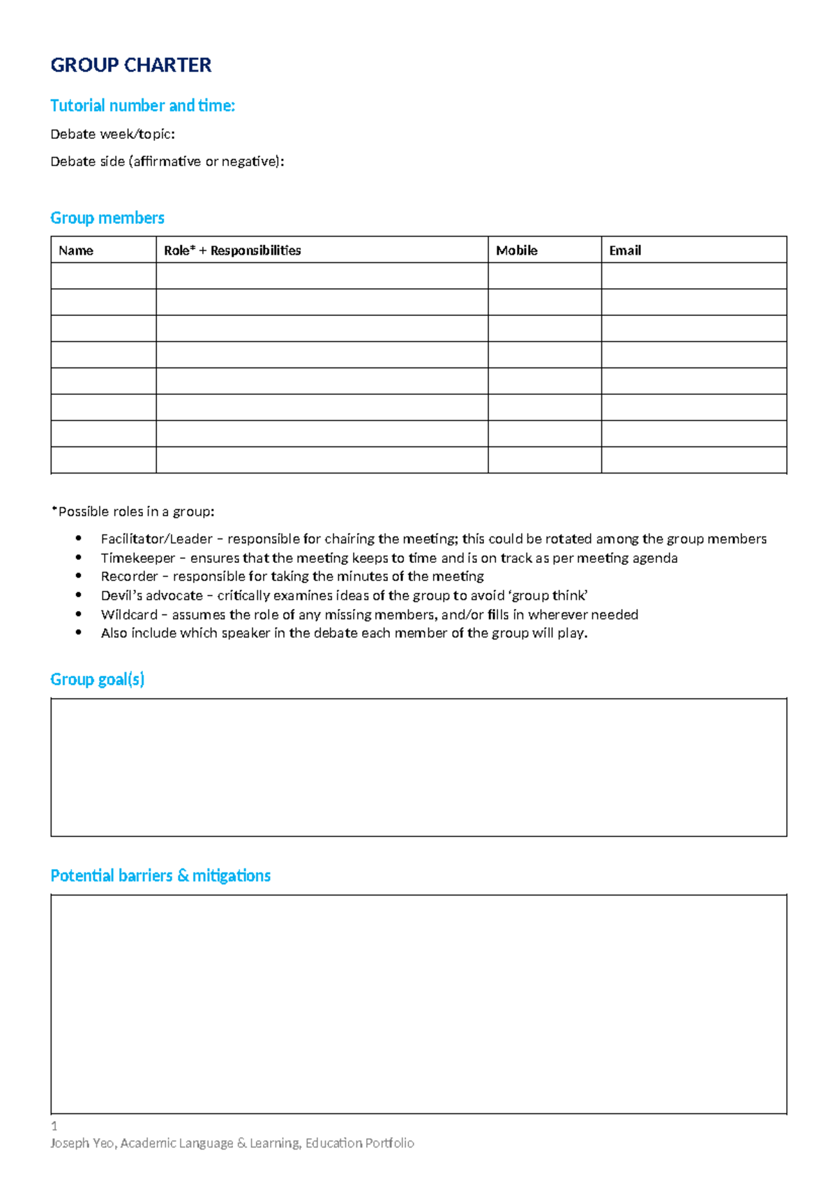 Activity 1B Group charter and group roles modified for debates - GROUP ...