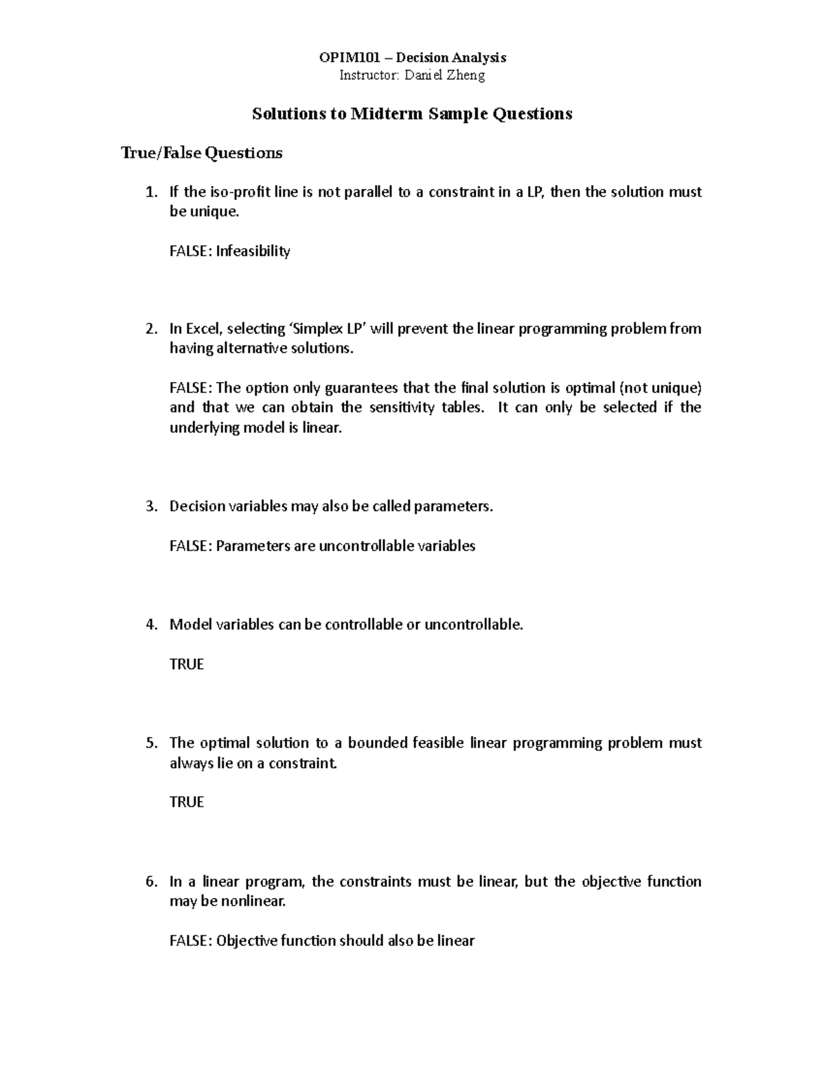 Midterm 2017, answers - OPIM101 – Decision Analysis Instructor: Daniel ...