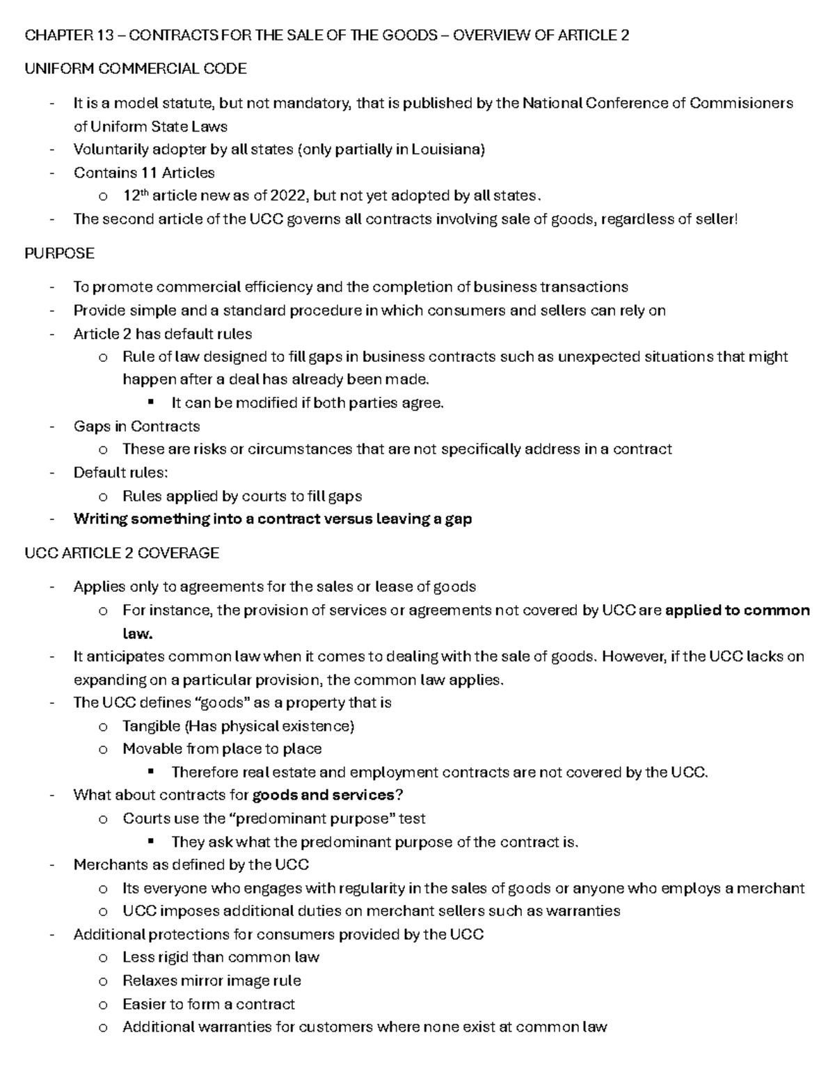 UCC Article 2 & 2A: Overview of Sales Contracts and Warranties - Studocu