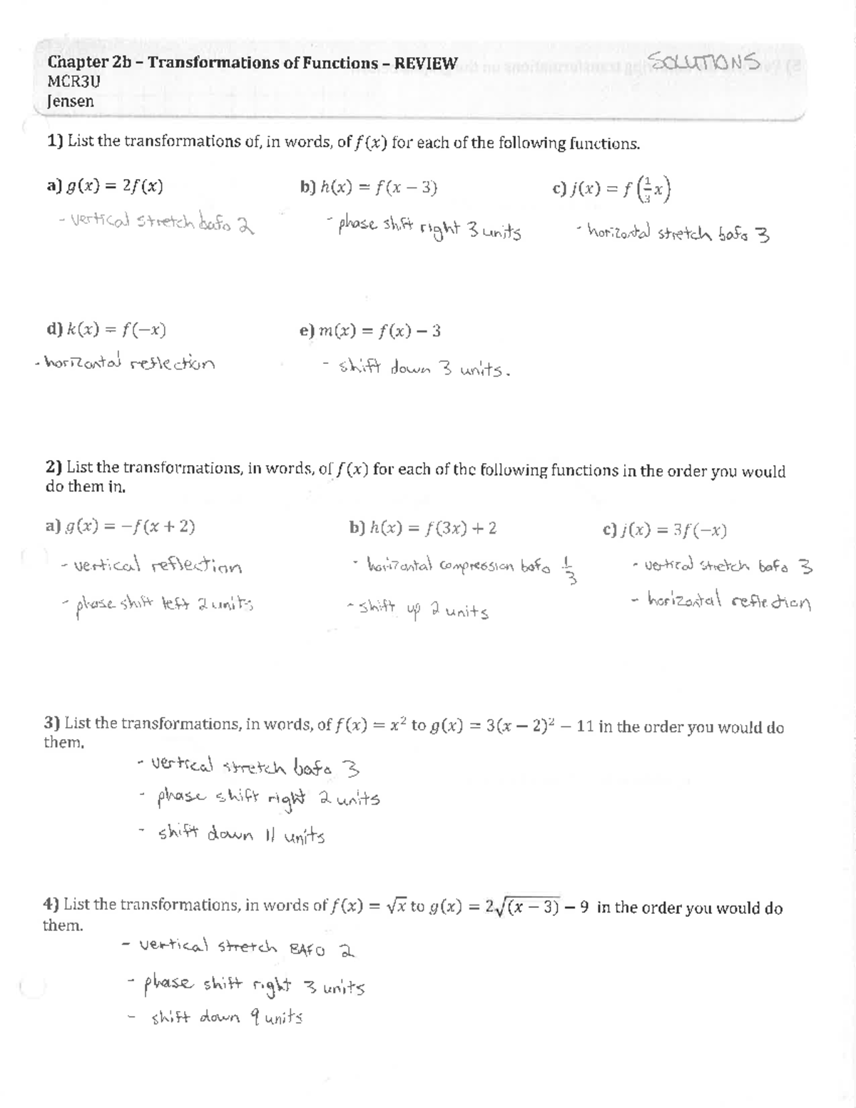 Final Exam Study Guide: Transformations of Functions MCR3U - Studocu