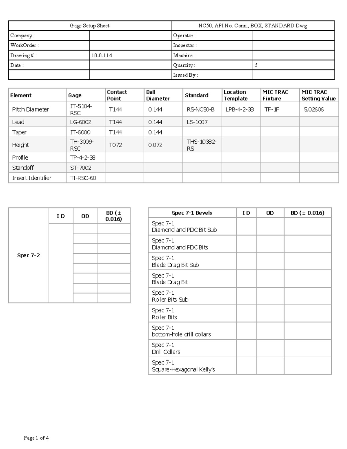 NC50 BOX 1 - Gage Setup Sheet for Rotary Drilling Connections - Studocu