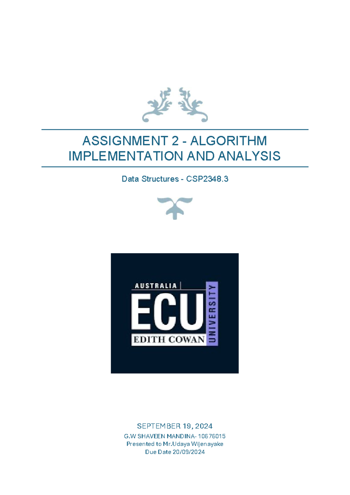 CSP2348.3 Assignment 2: Algorithm Implementation & Analysis - Studocu