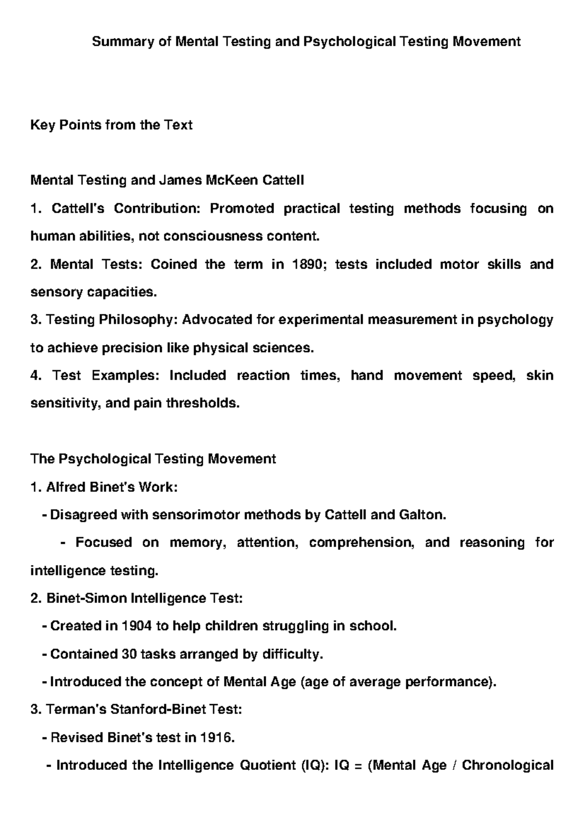 Mental Testing Summary - Summary of Mental Testing and Psychological ...