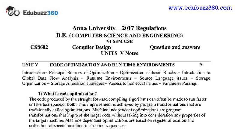 CS8602 Compiler Design VI Sem Notes: Code Optimization & Runtime ...