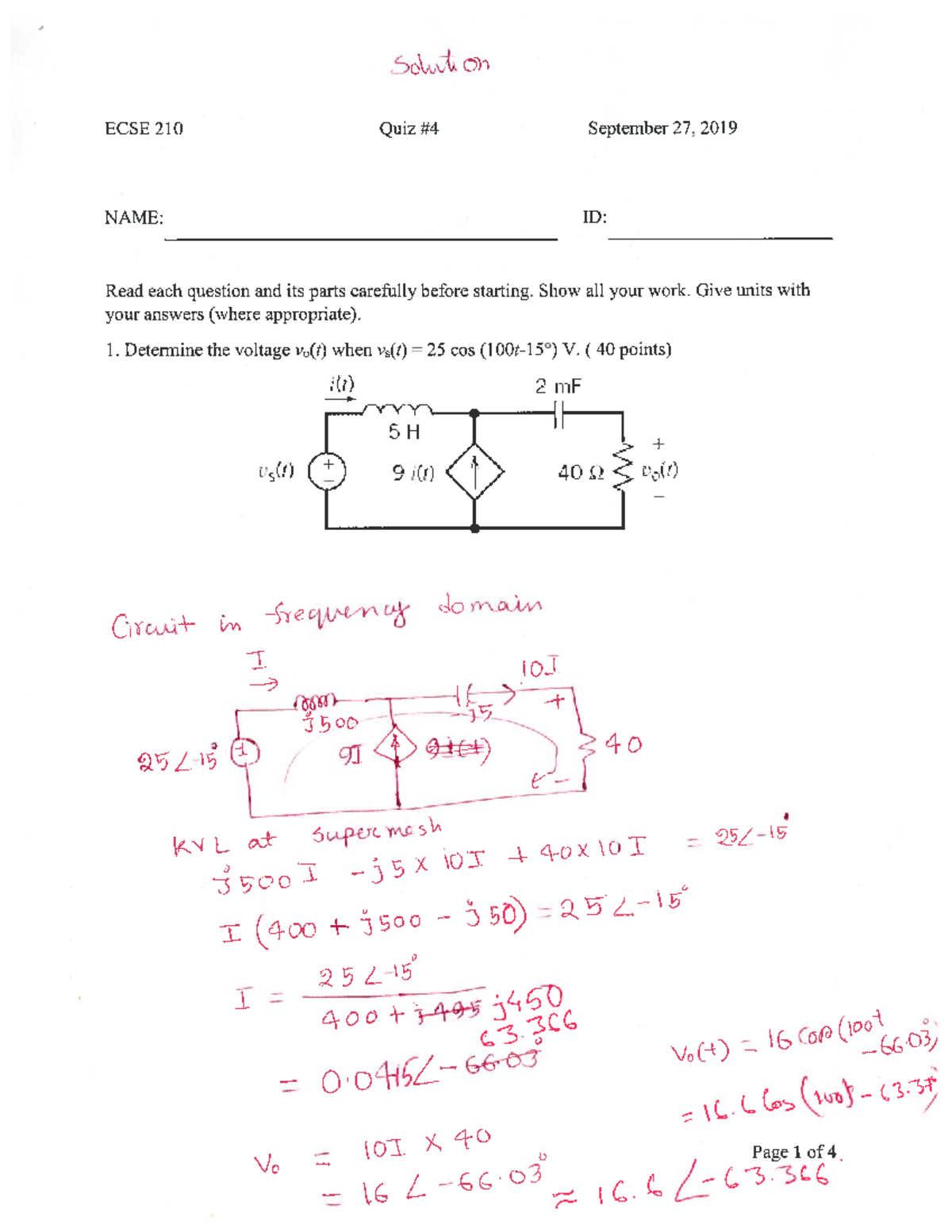 ECSE 210 Quiz Solutions - September 27, 2019 - Studocu