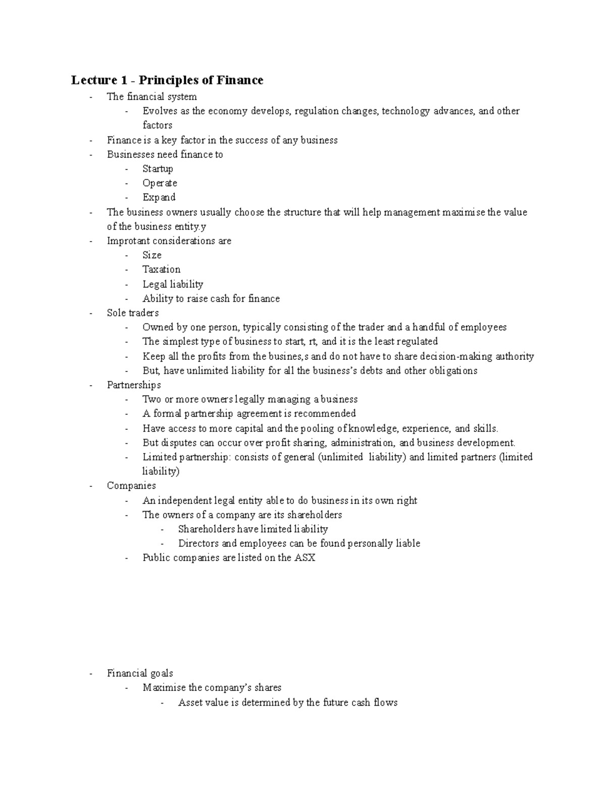 Fin111 - Lecture notes week 1-5 - Lecture 1 - Principles of Finance The ...
