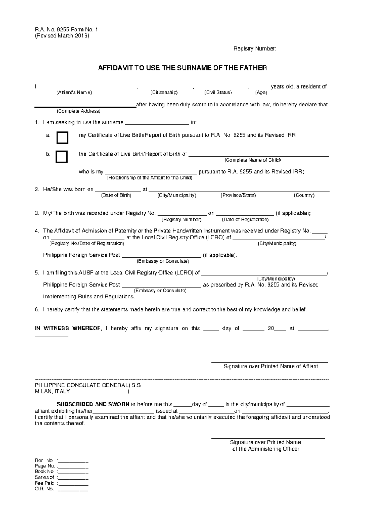 Affidavit to Use Surname of Father - R.A. No. 9255 Form No. 1 - Studocu
