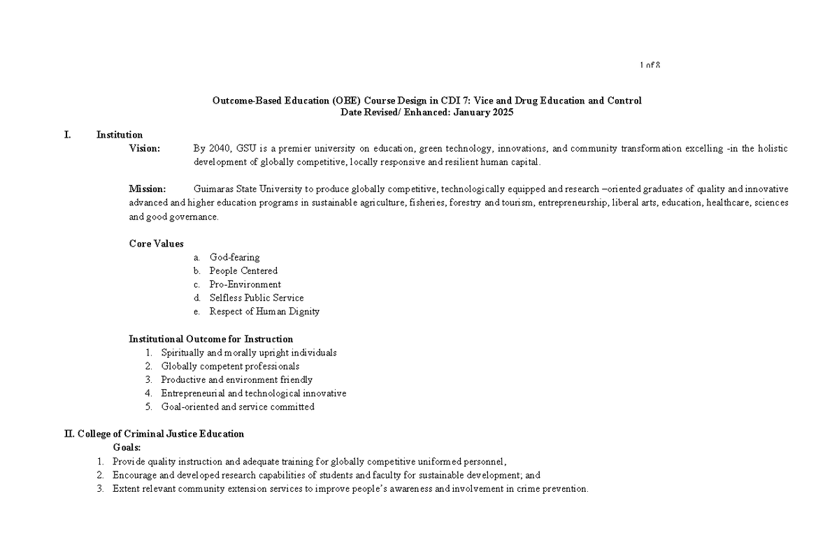 CDI 7: Syllabus for Vice and Drug Education Course Outline - Studocu