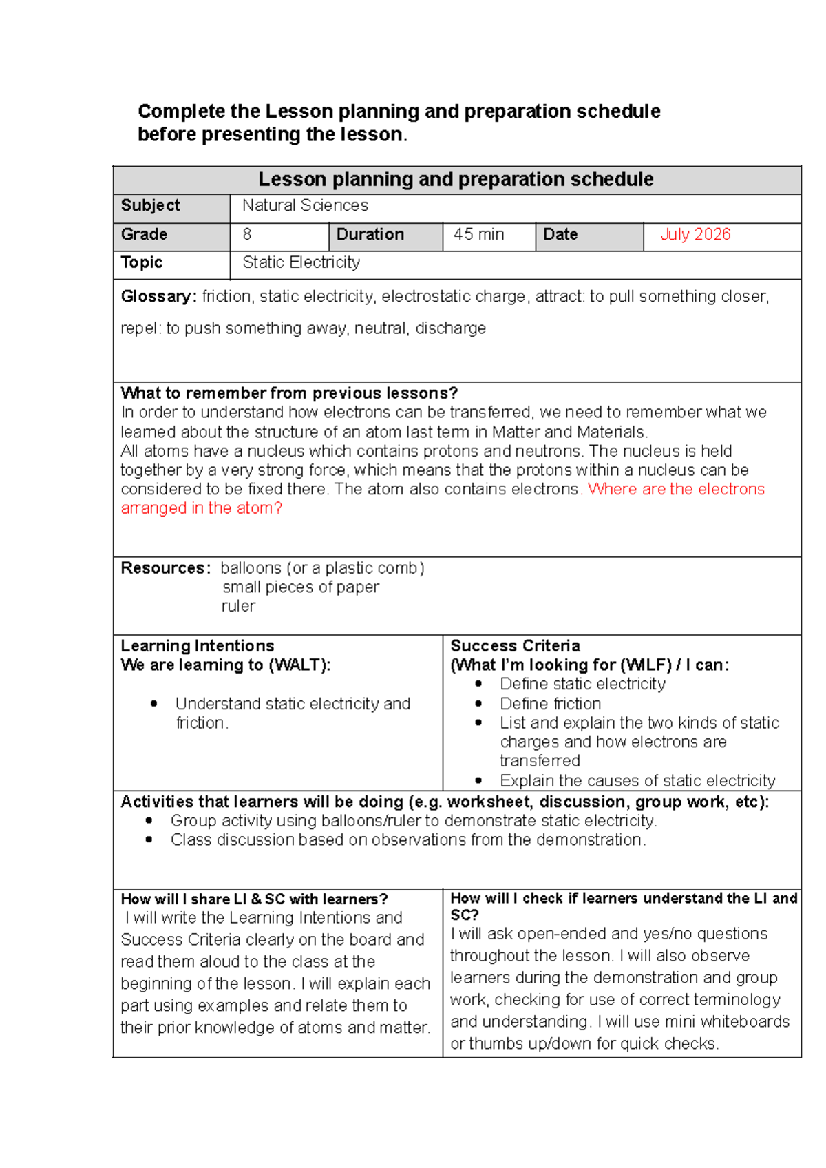 Lesson Plan: Static Electricity in Natural Sciences (Grade 8) - Studocu
