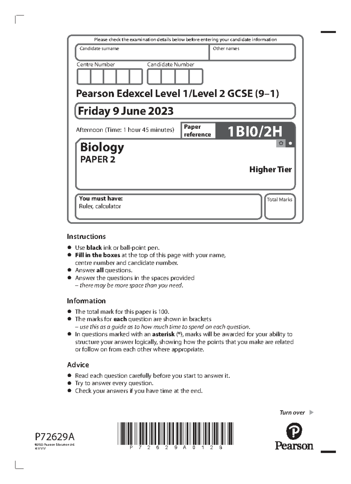 GCSE Edexcel Biology June 2023 Paper 2 Higher Tier Exam - Studocu