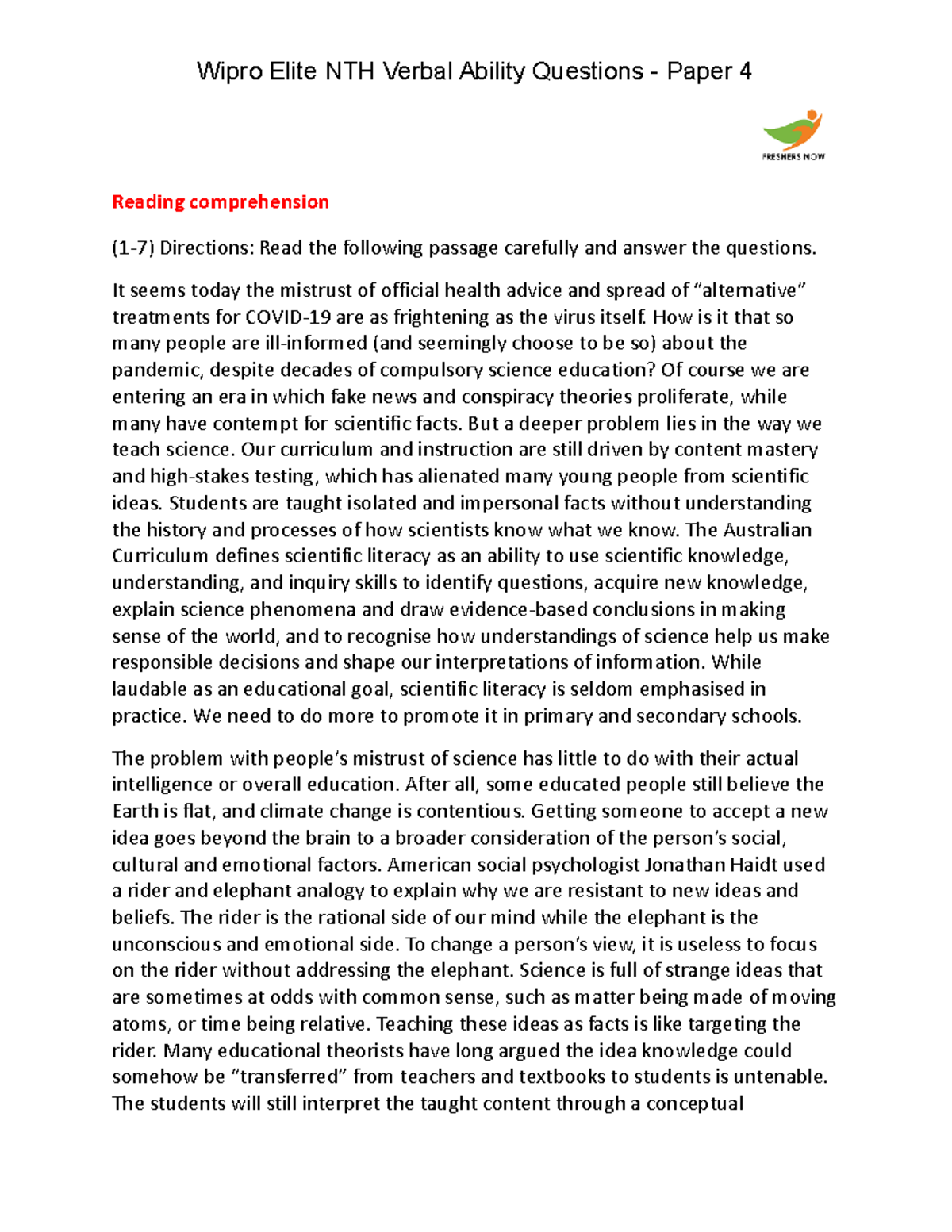 Wipro Elite NTH Verbal Ability Questions Paper 4 - Reading ...