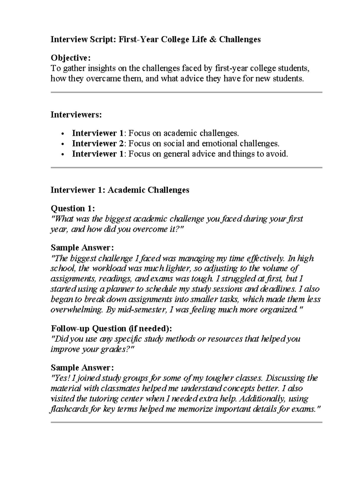 Interview Script: College Life Challenges Insights for Freshmen - Studocu