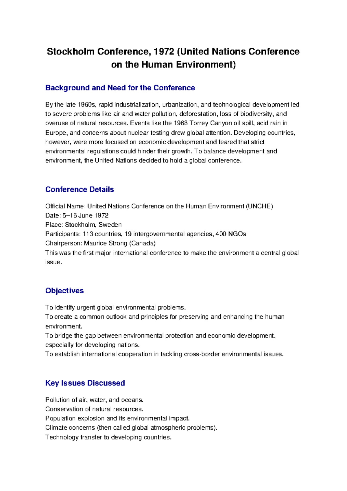 Stockholm Conference 1972: UNCHE Background & Key Outcomes - Studocu