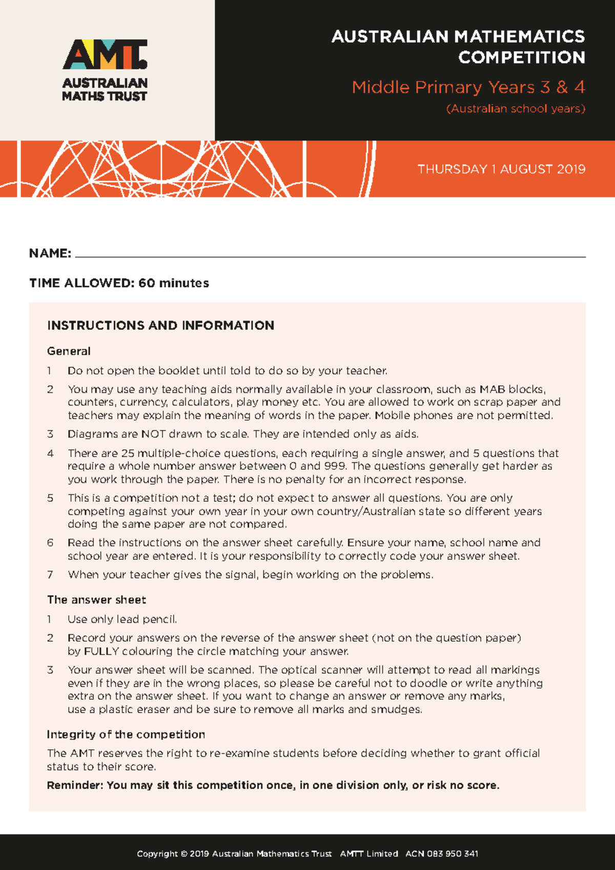 2019 AMC Middle Primary Maths Competition Questions and Instructions ...