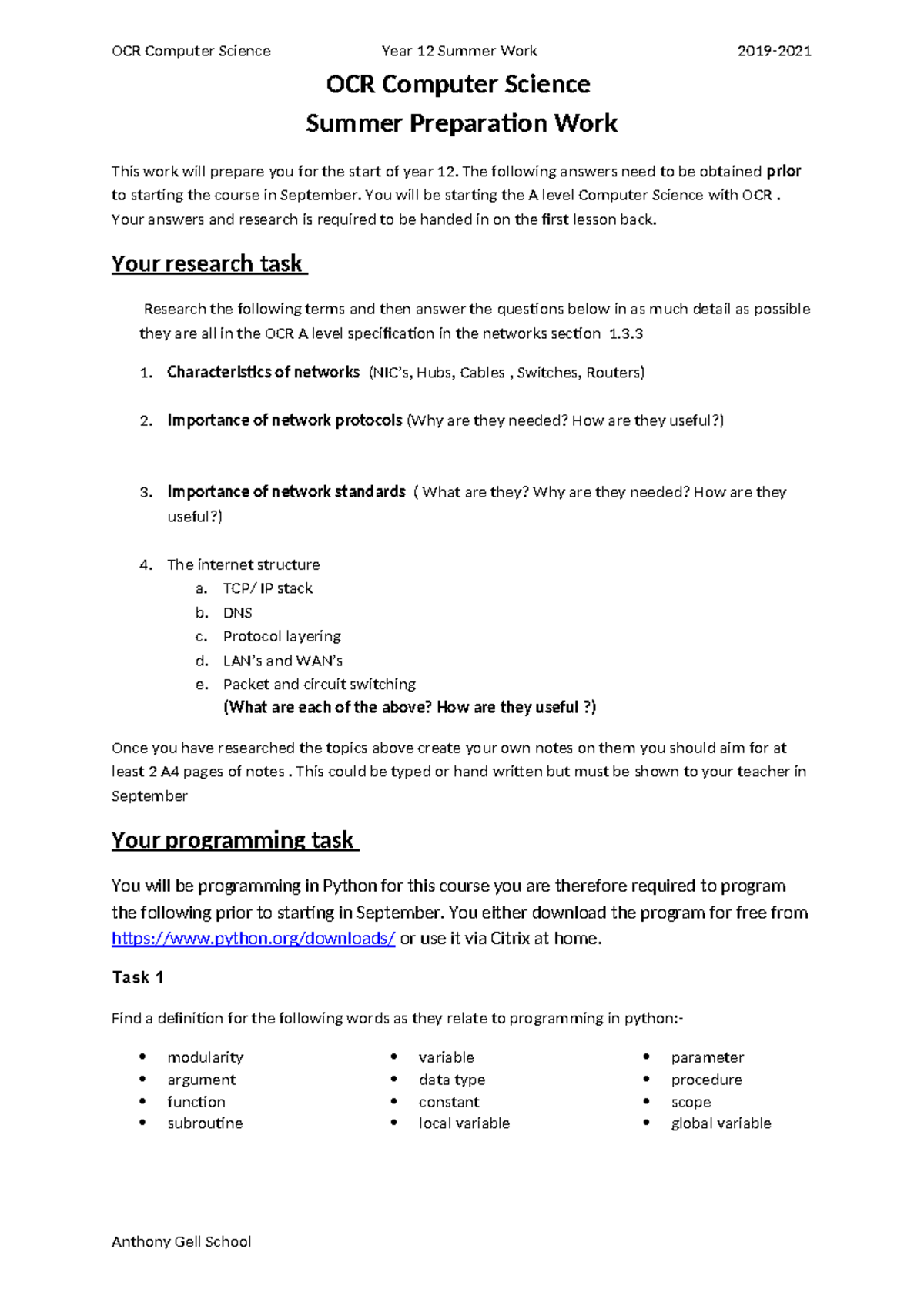 OCR Computer Science Year 12 Summer Prep: Research & Programming Tasks ...
