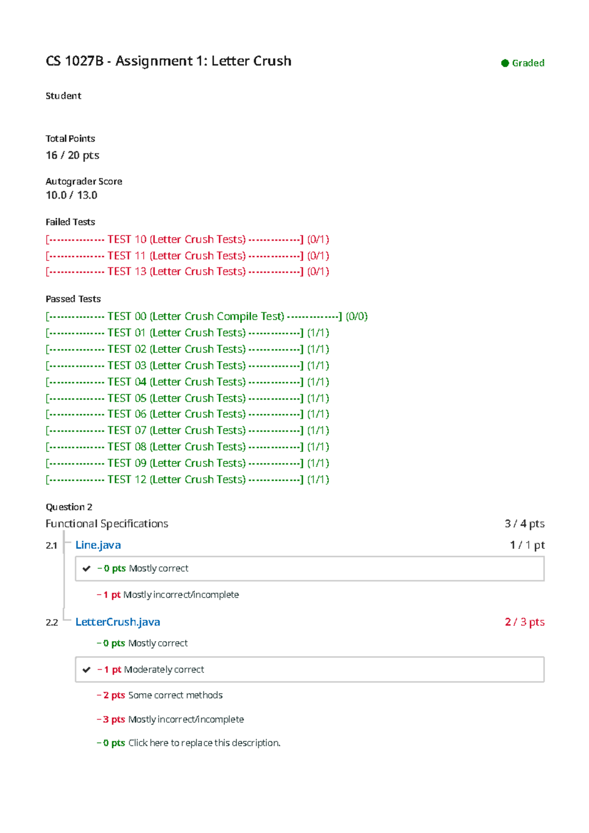 HW#1 graded - Code plus grade for CS 1027 homework assignment 1 - CS ...