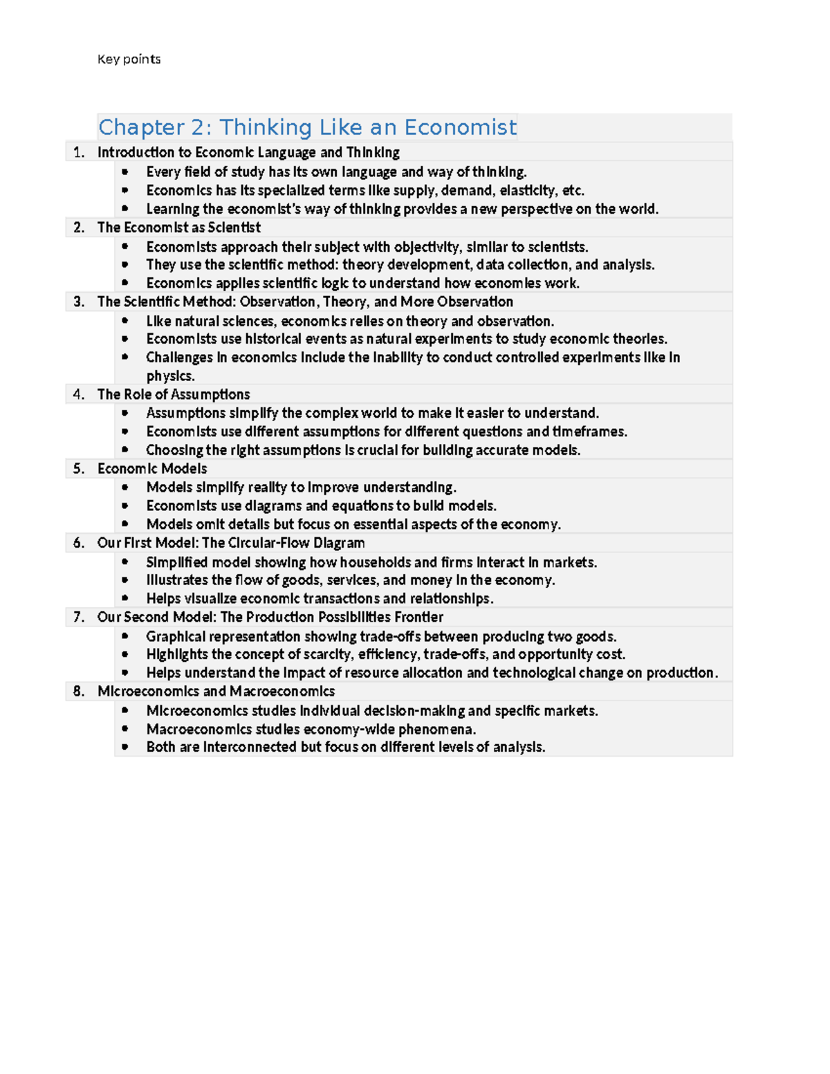 Chapter 2 - notes - Key points Chapter 2: Thinking Like an Economist 1 ...
