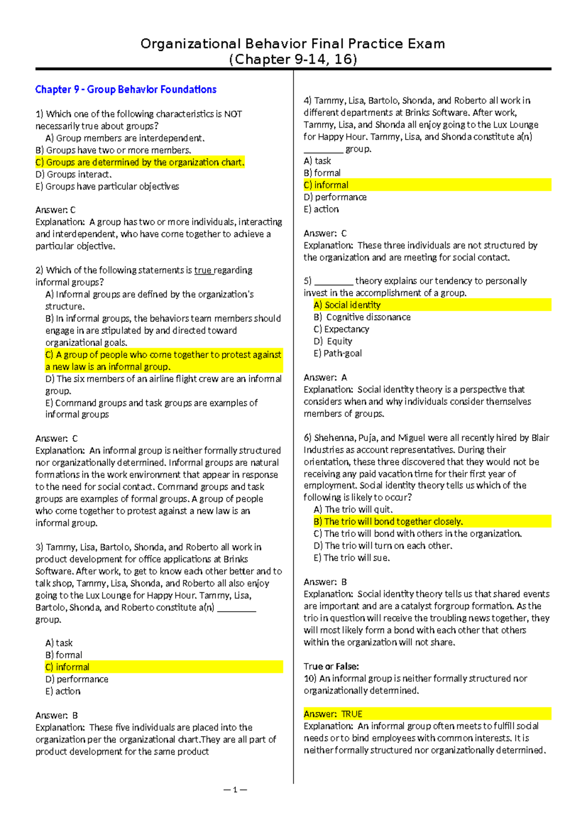 Organizational Behavior Final Practice Exam Review (Chapters 9-10 ...