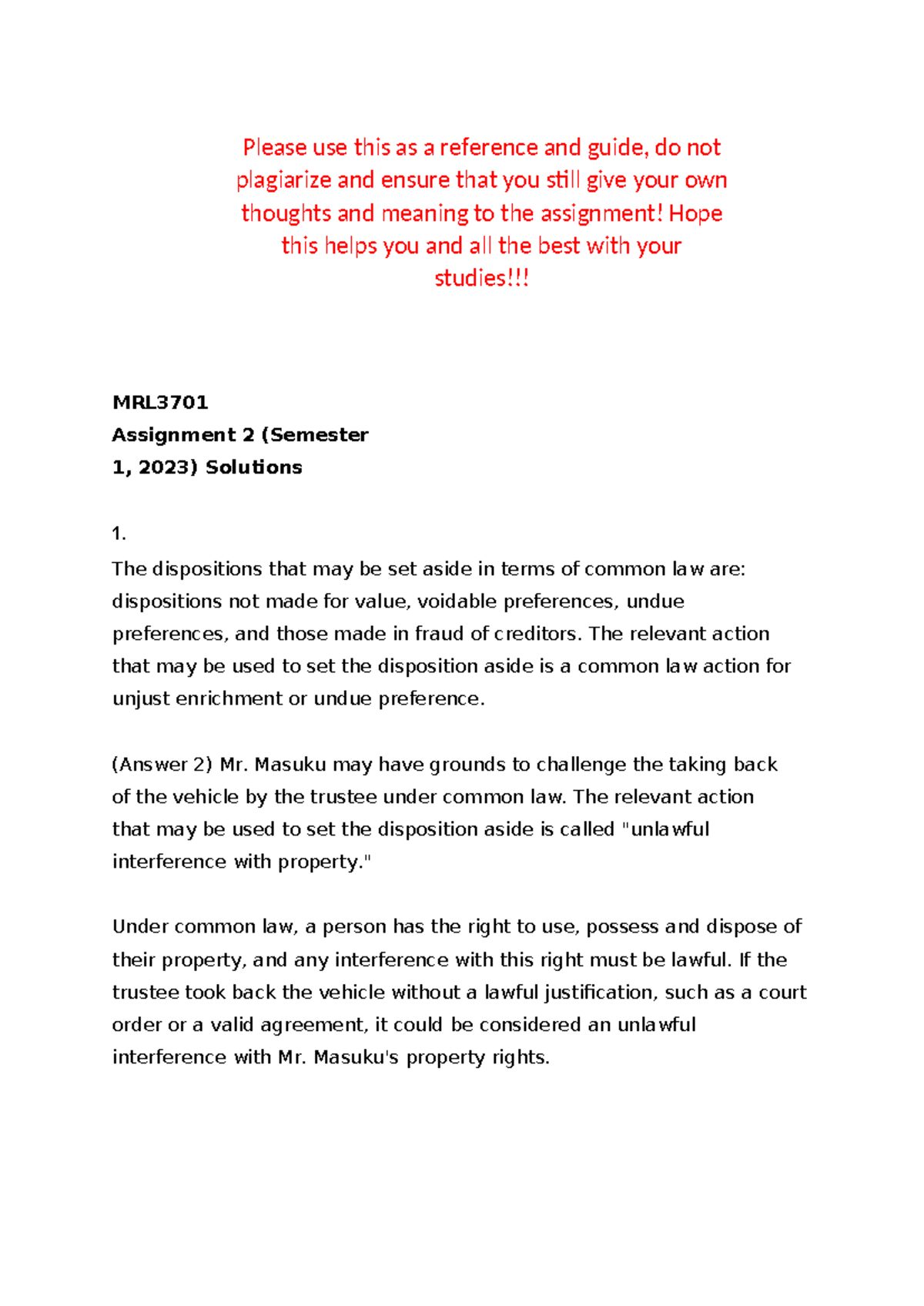 MRL3701 Assignment 2 - Common Law and Insolvency Considerations - Studocu