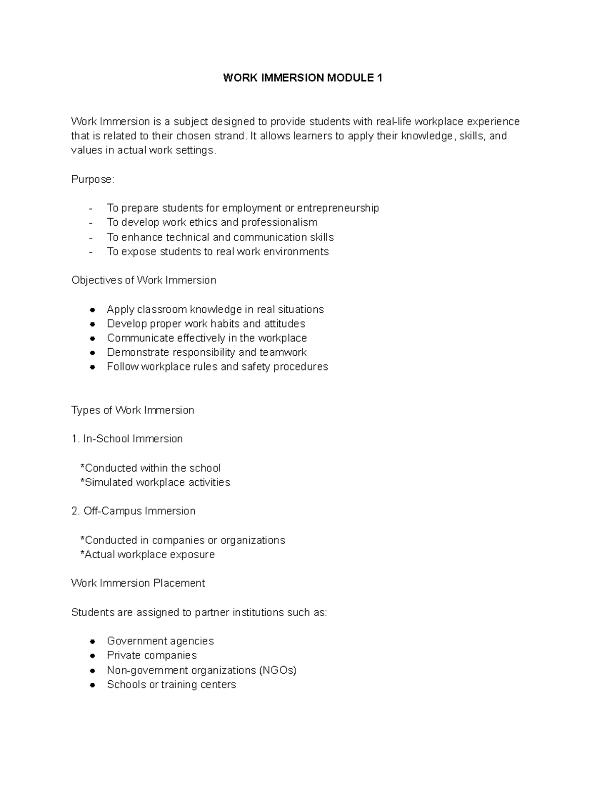 Work Immersion Module 1: Notes on Workplace Experience and Ethics - Studocu