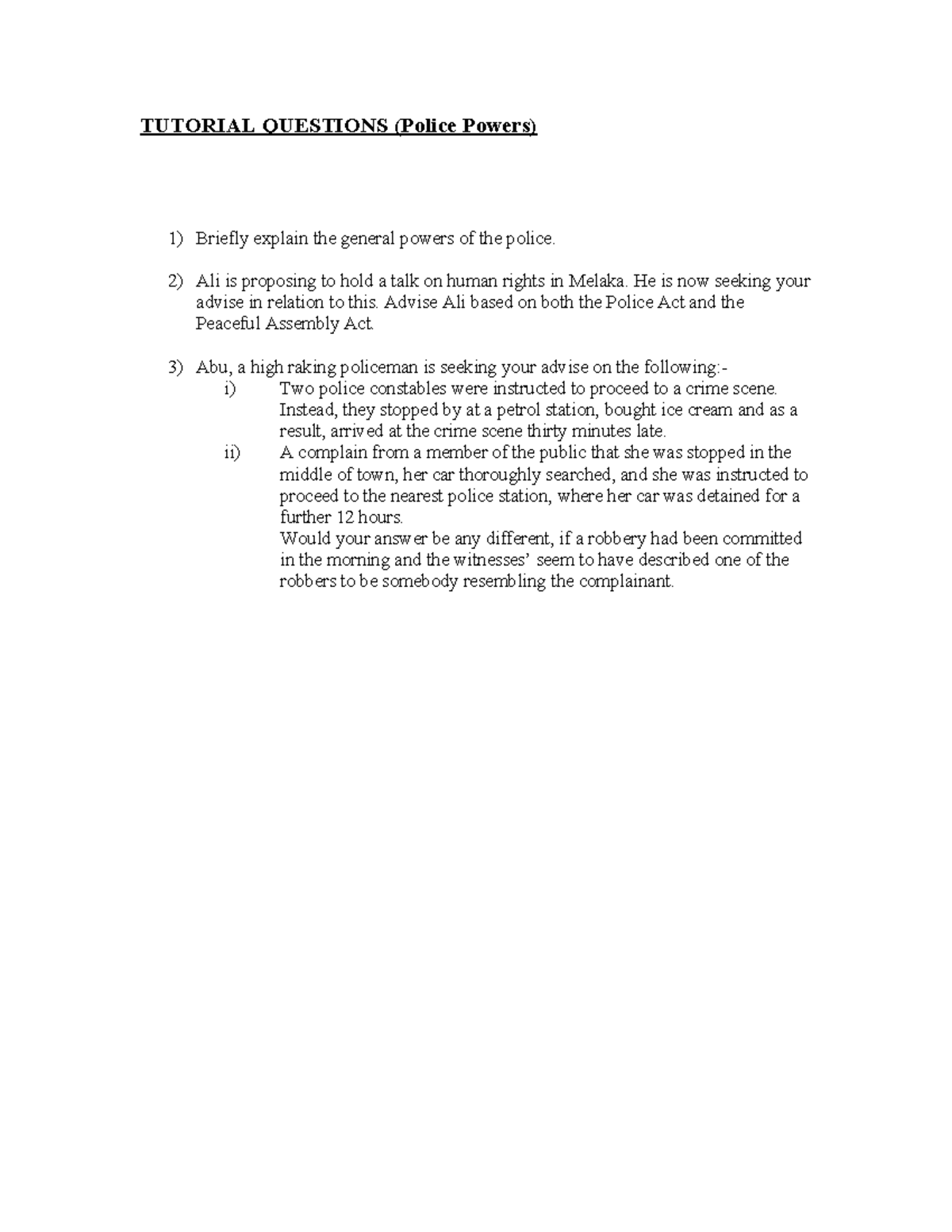 TUTORIAL QUESTIONS (POL 101): Police Powers & Human Rights Advice - Studocu