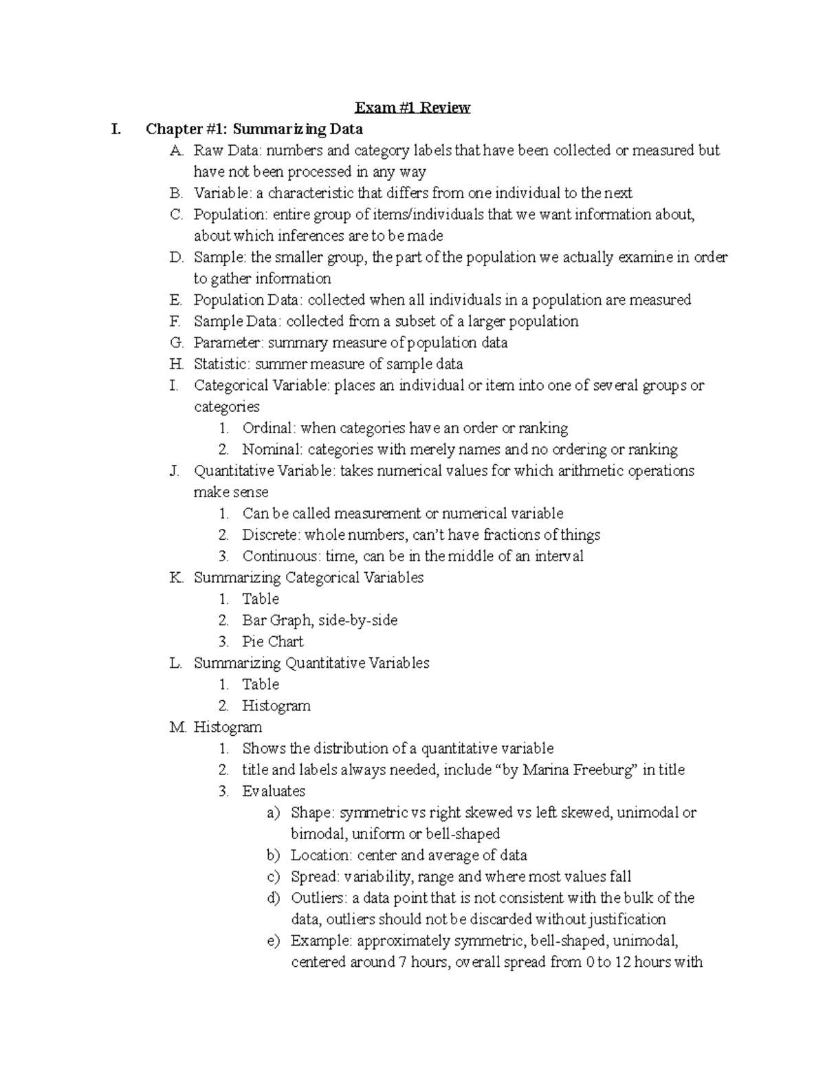 Statistics 101: Exam #1 Review Notes on Data Summarization and Analysis ...