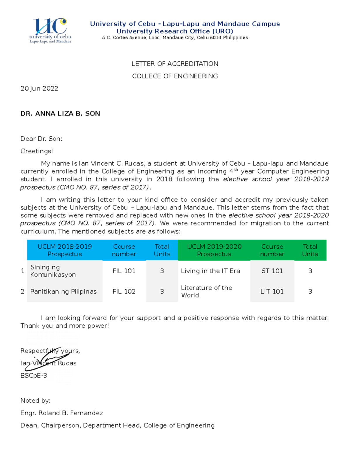 Accreditation Request Letter for BSCpE - College of Engineering - Studocu