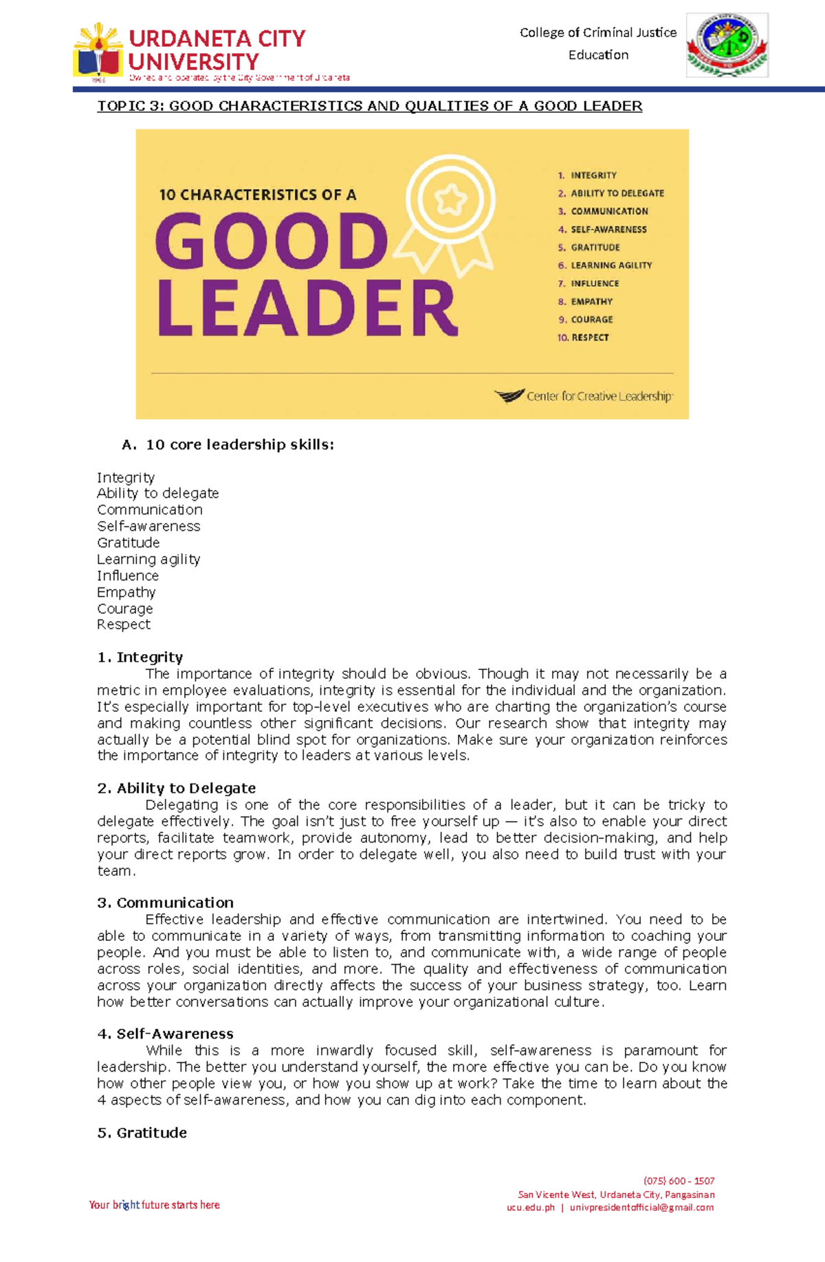 CCJE 075: Good Characteristics and Qualities of a Leader - Studocu