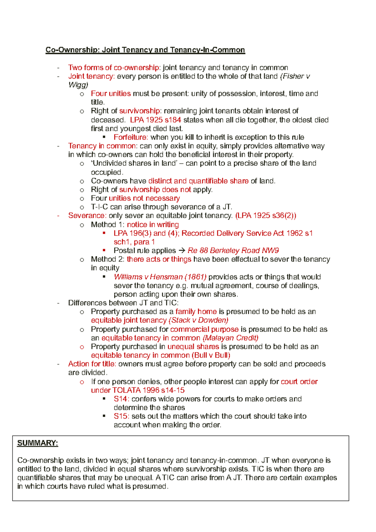 Co-Ownership Revision Notes: Joint Tenancy vs Tenancy-In-Common - Studocu