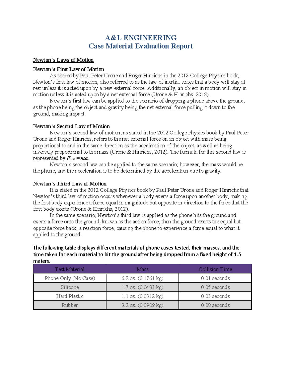 PHY 150 Case Study: Evaluation of Phone Case Materials and Laws of ...