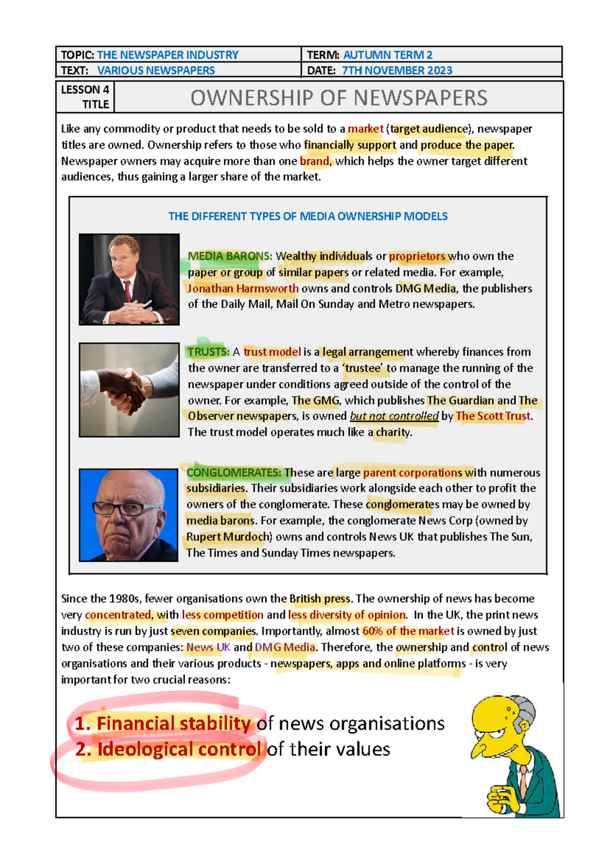 Lesson 4: Ownership Models in the Newspaper Industry (Autumn Term 2 ...