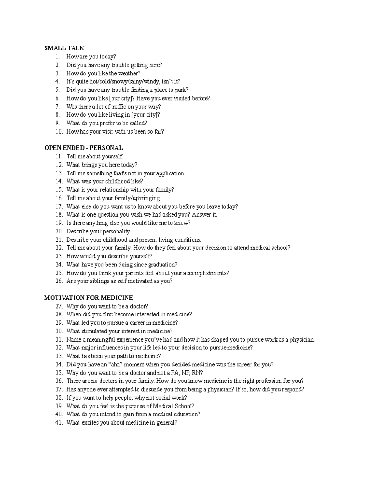 Medicine Interview Practice Questions - SMALL TALK How are you today ...