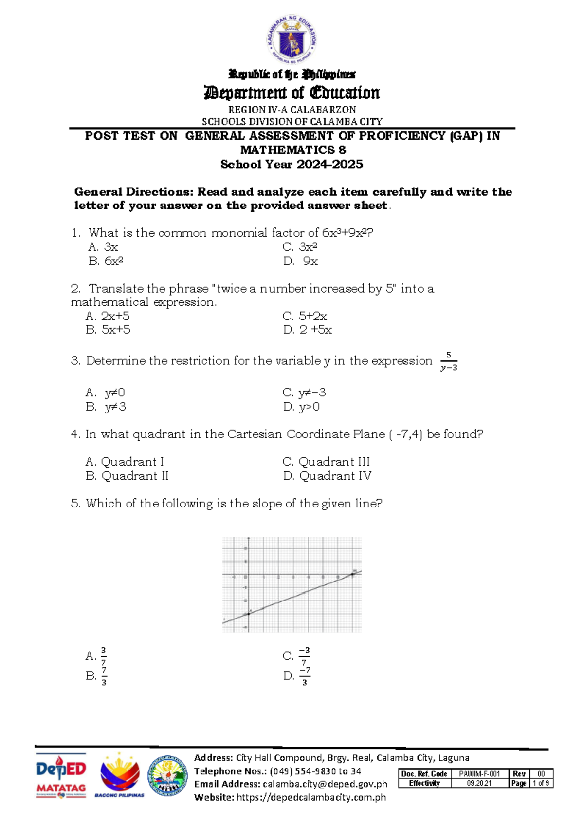 MATHEMATICS 8 POST TEST ON GENERAL ASSESSMENT OF PROFICIENCY - Studocu
