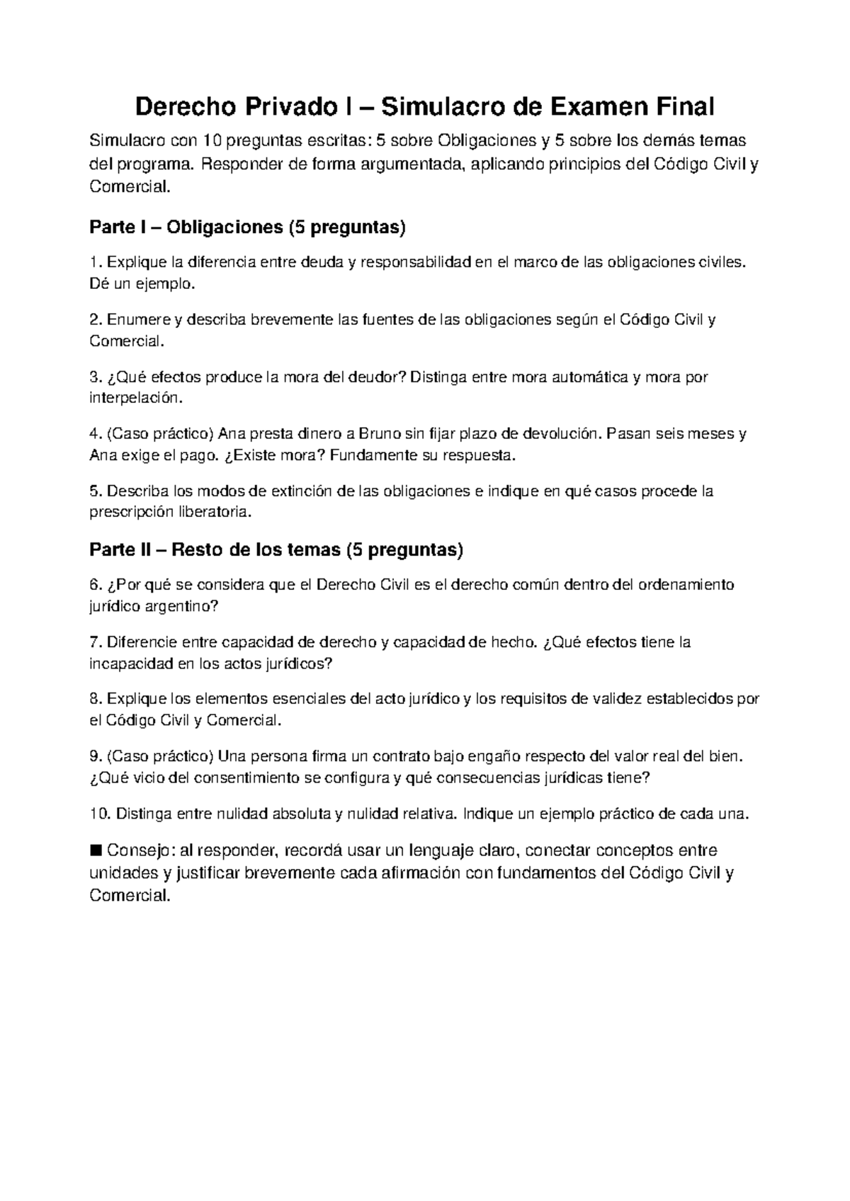 Derecho Privado I - Simulacro de Examen Final con 10 Preguntas - Studocu