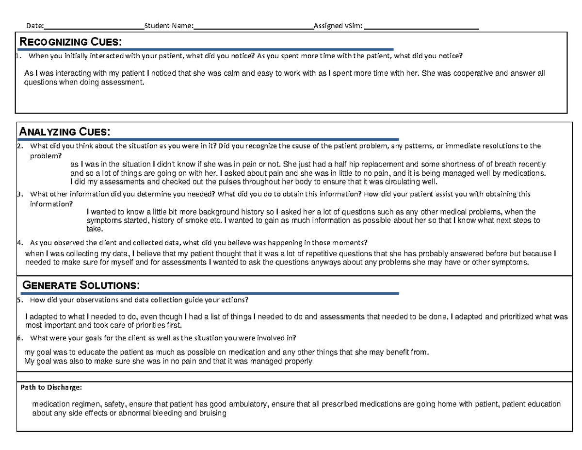 vSim Post-Simulation Clinical Judgment Worksheet for Nursing Students ...