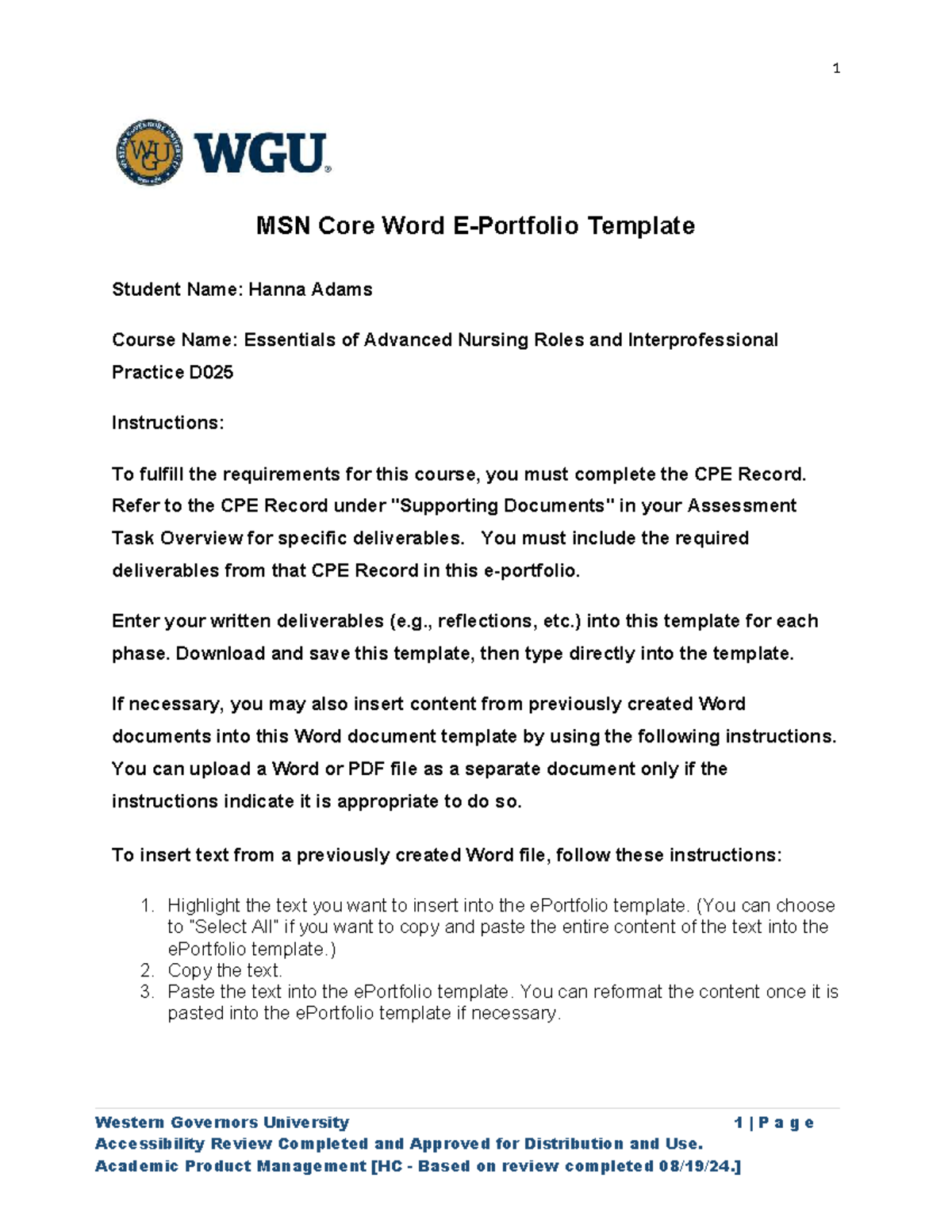 E-Portfolio Template D025: CPE Record for Advanced Nursing Roles - Studocu