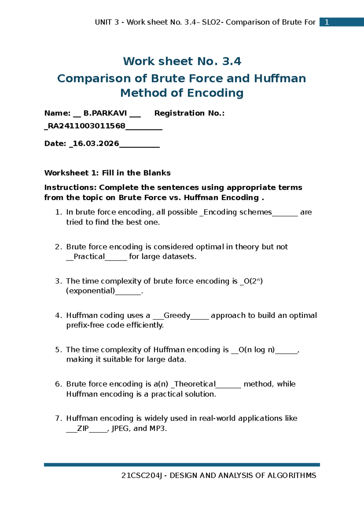 21CSC204J Unit 3 Worksheet: Brute Force vs. Huffman Encoding Comparison ...
