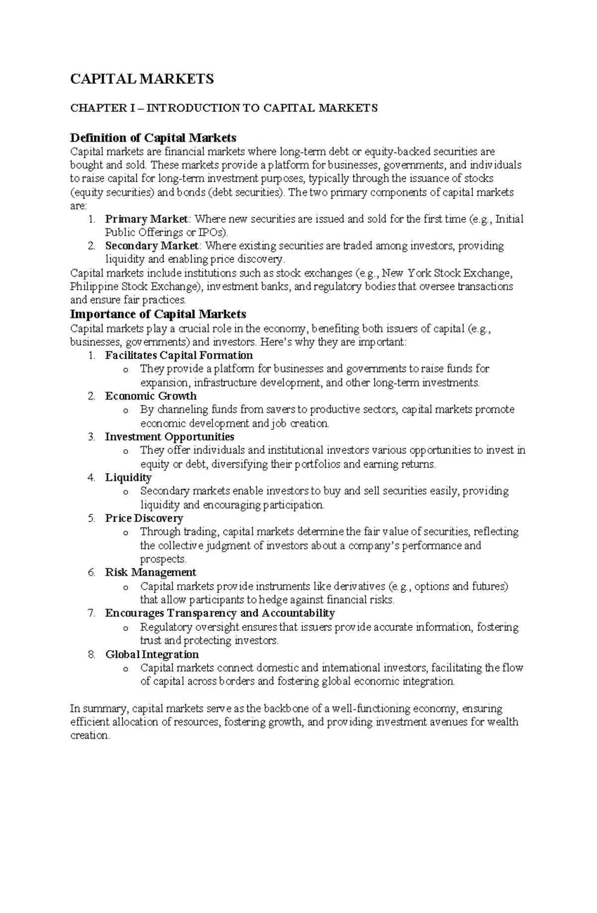 Capital Markets (FIN101): Chapter I - Intro to Capital Markets - Studocu