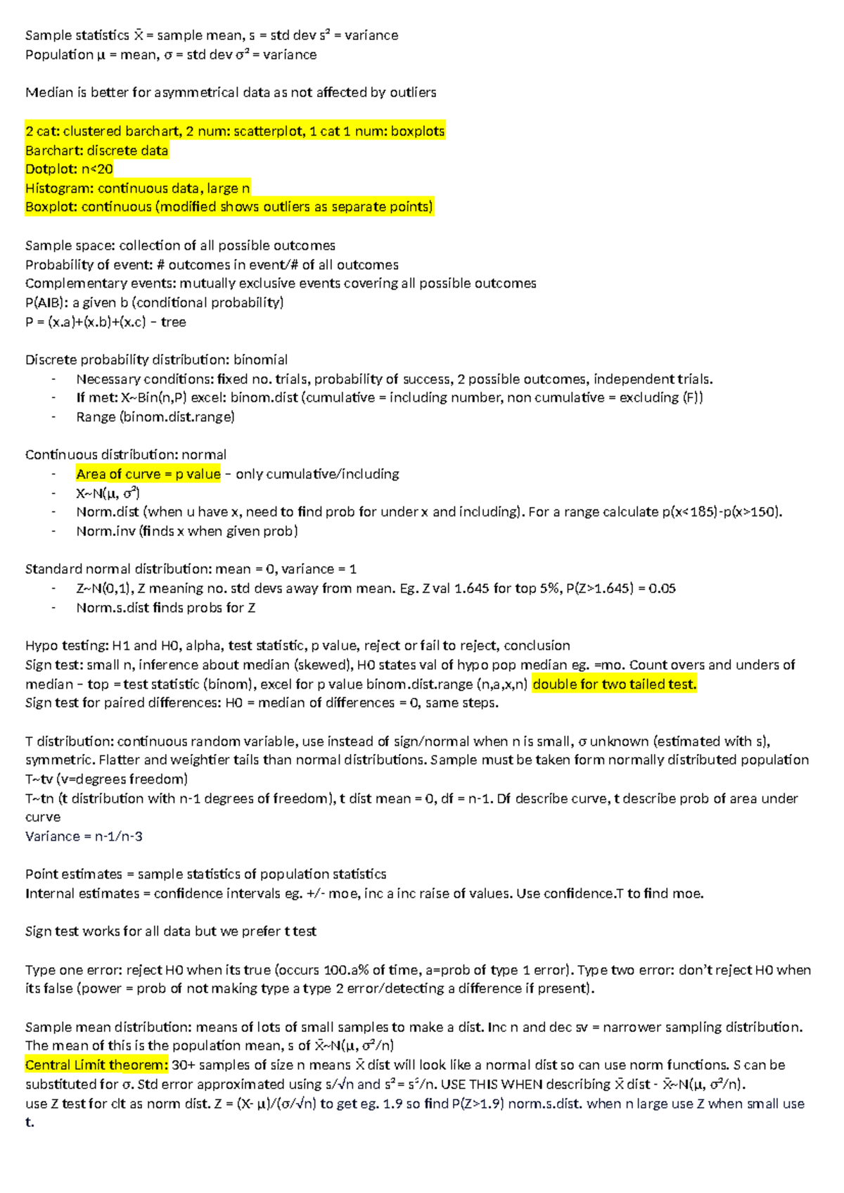 Stats 101 Cheat Sheet: Key Concepts & Formulas Overview - Studocu