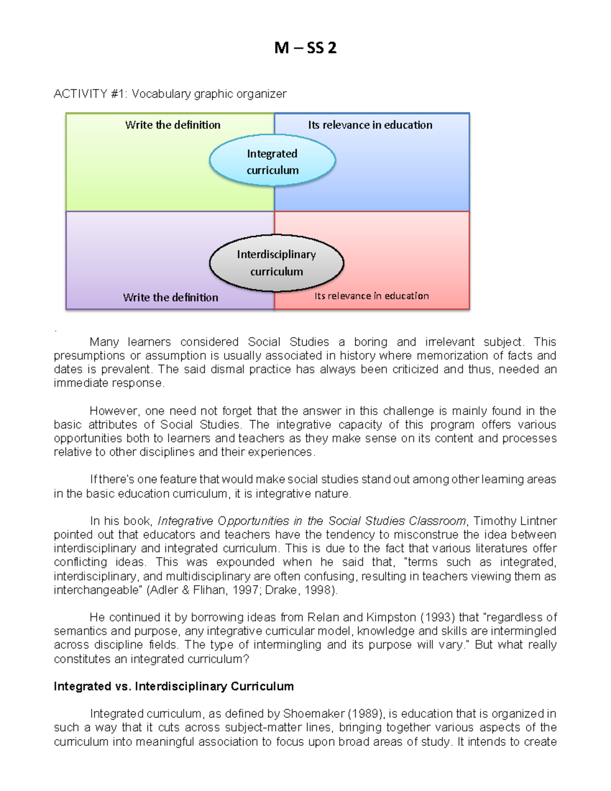 M SS 2 ACTIVITY: Integrated vs. Interdisciplinary Curriculum in ...