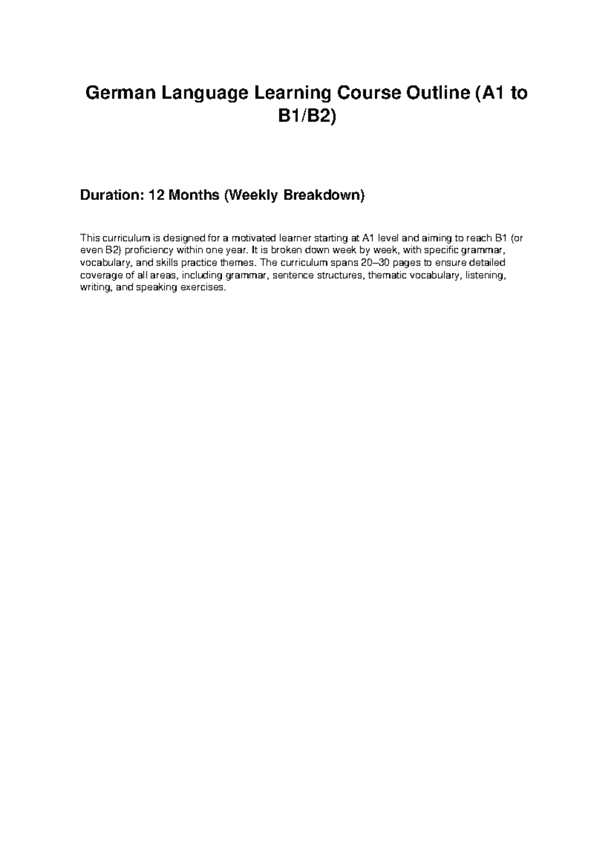 German Language Learning Curriculum Outline (A1 to B1) - Studocu