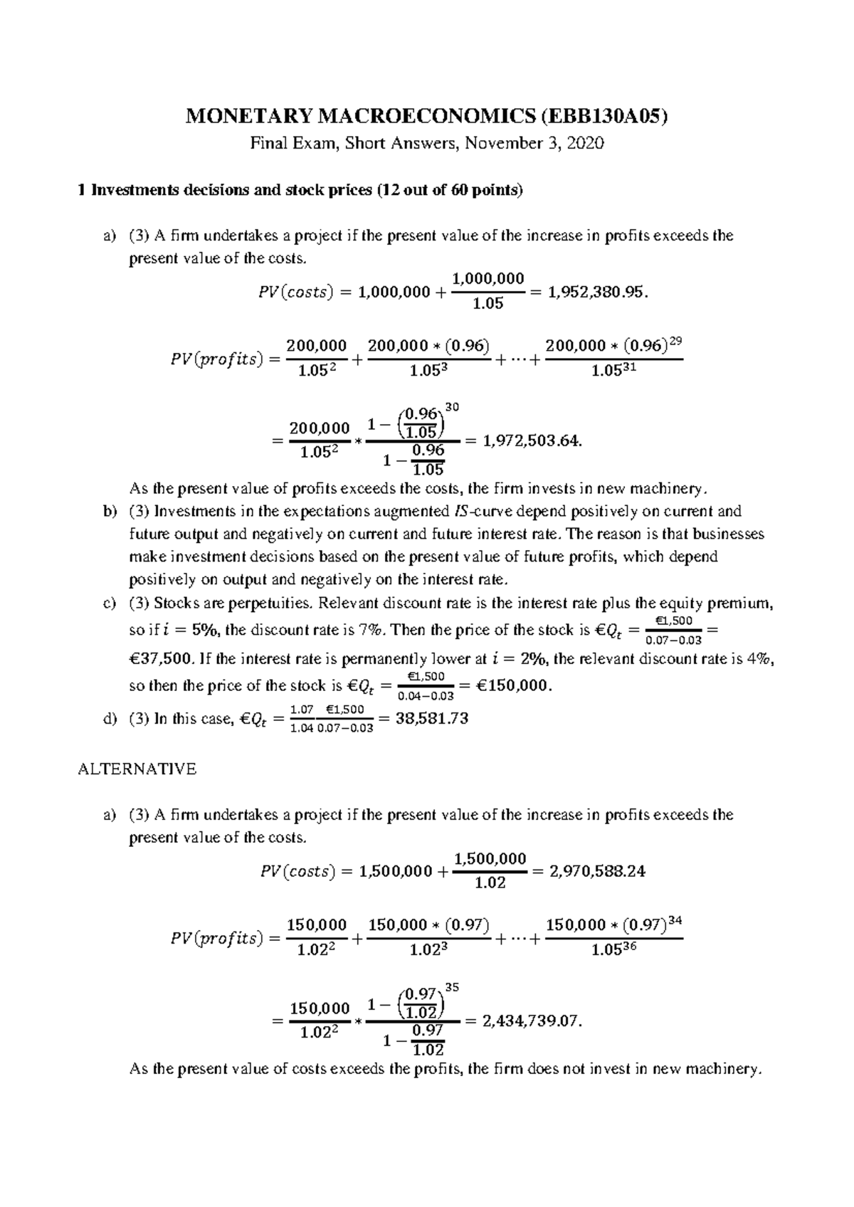 Monetary Macroeconomics Final Exam Short Answers EBB130A05 2020/21 ...