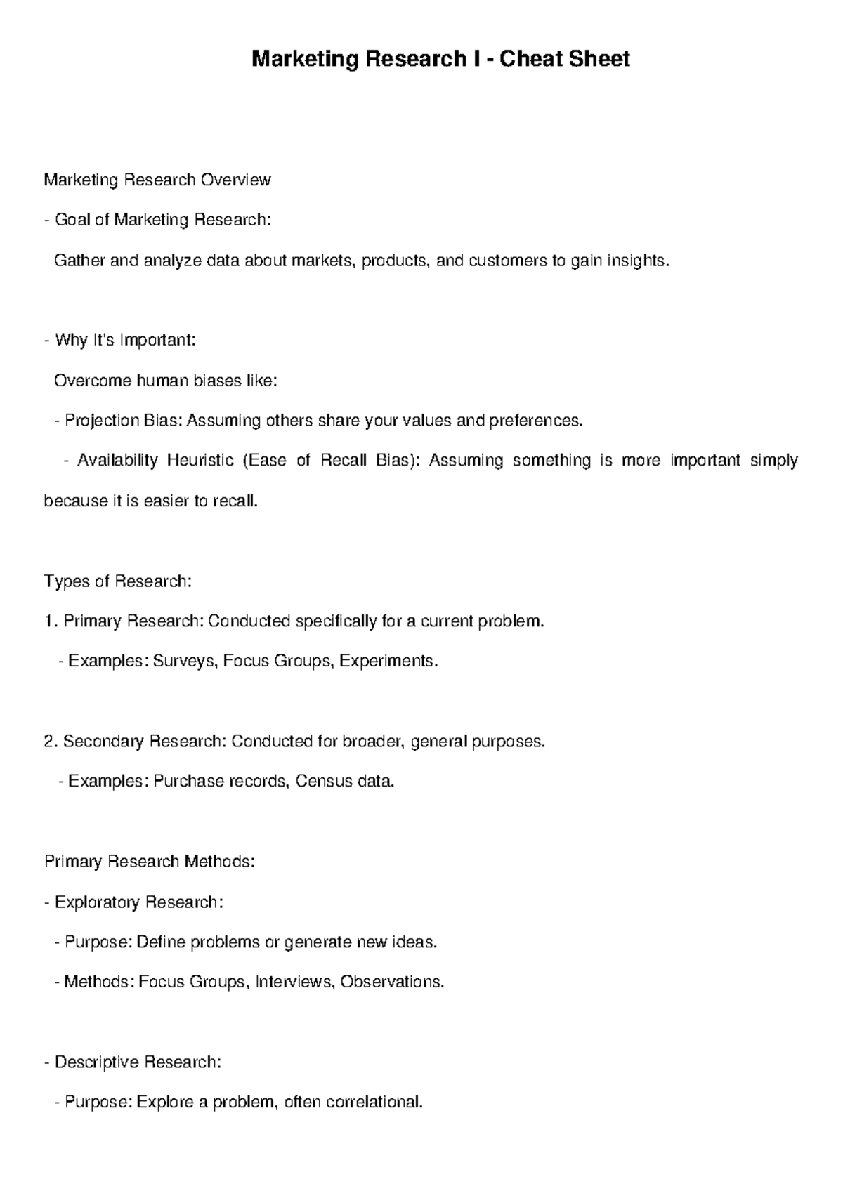 Marketing Research I Cheat Sheet S2: Insights & Methods Overview - Studocu