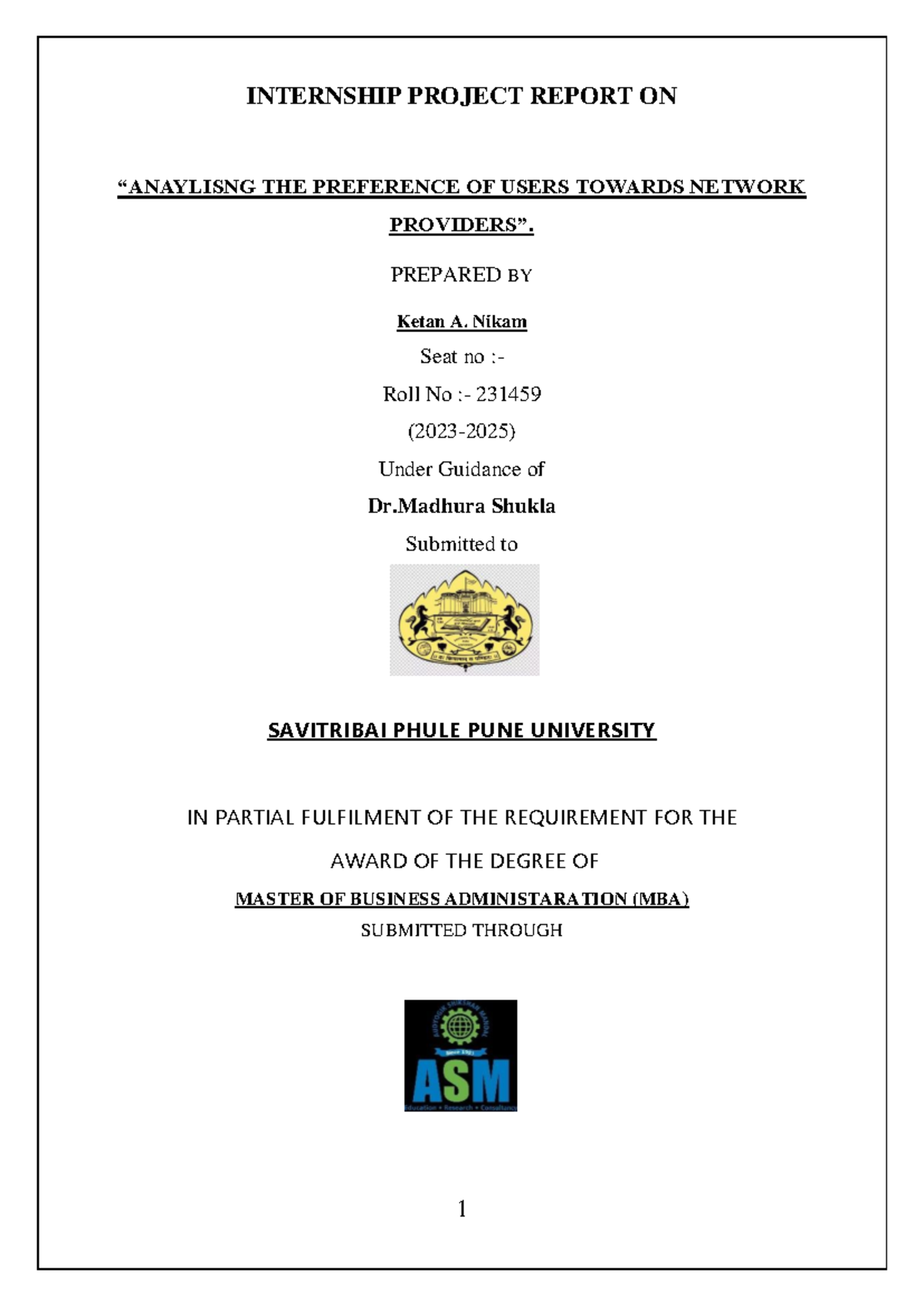 Analysis of User Preferences for Network Providers - SIP Report (MBA ...