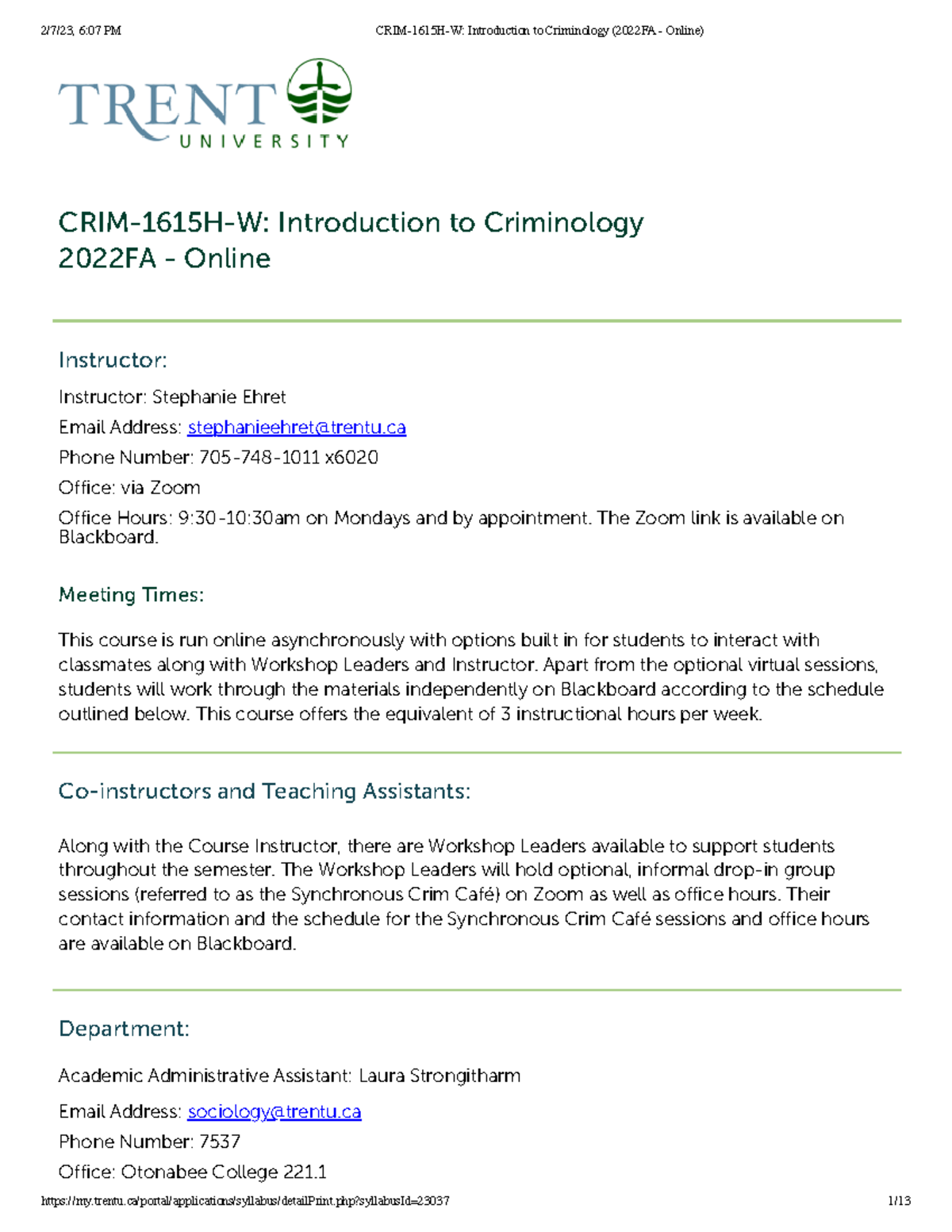 CRIM-1615H-W Introduction to Criminology - Course Overview and ...