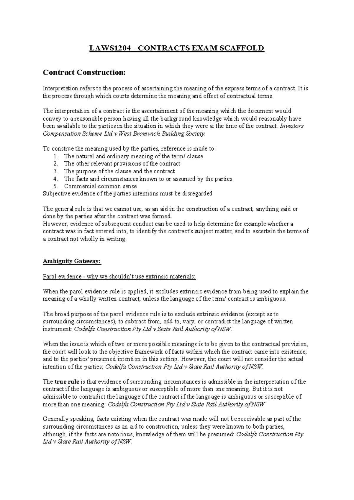 LAWS1204 CONTRACTS EXAM NOTES: Interpretation & Construction - Studocu